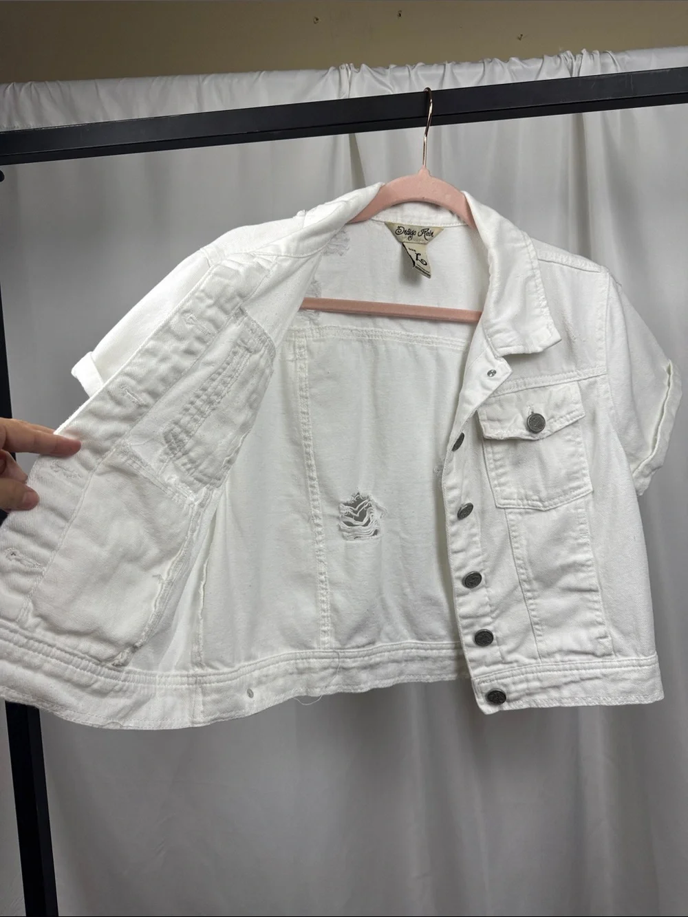 Indigo Rein Large White Distressed Short Sleeve Denim Jacket